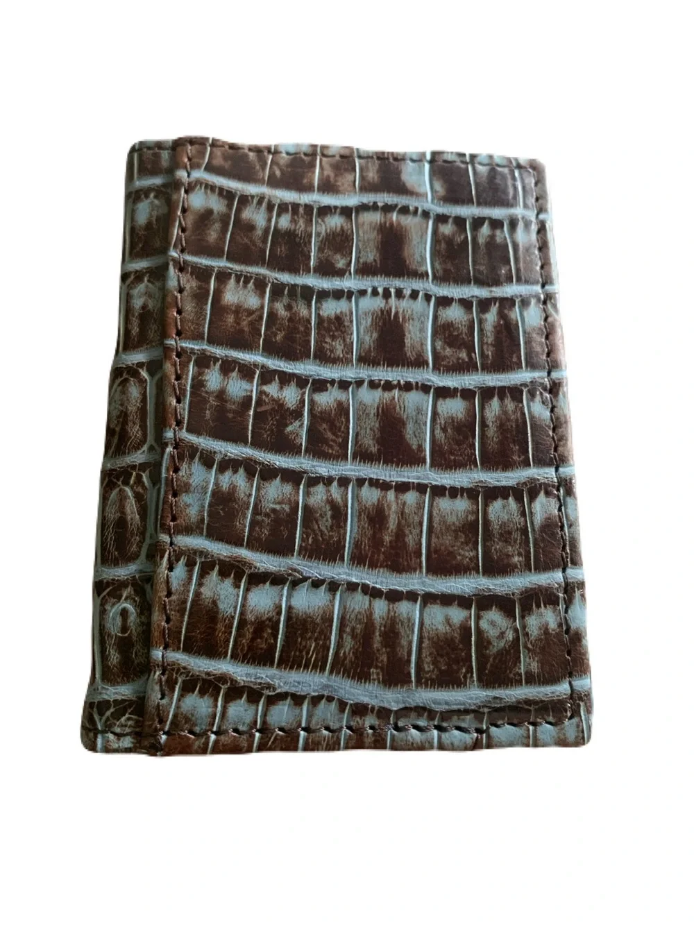 Martin Dingman Blue & Brown Matte Genuine Crocodile ID Card Case Wallet Exotic